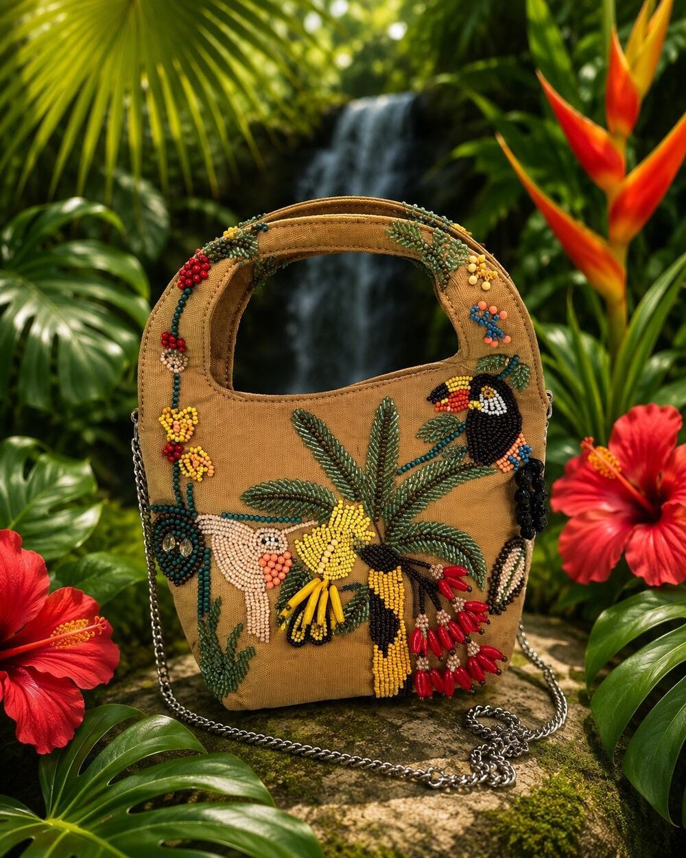 NWT Rare Hand Beaded Tropical Parrot Crossbody Mini Bag Artisan Jungle Bird